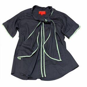 Z Spoke by Zac Posen Black Bow Tie Blouse Size XL Green Trim Cotton Top